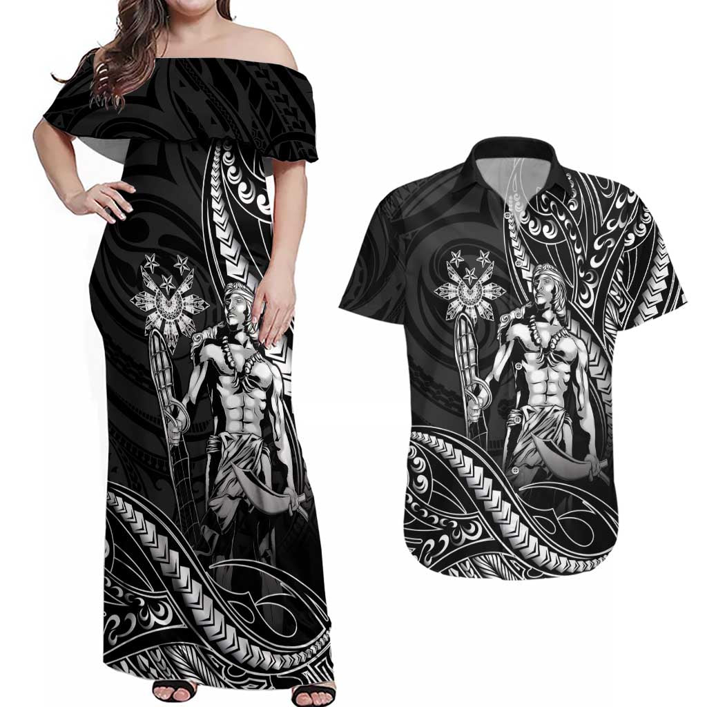 Filipinos Lapu Lapu Hero Couples Matching Off Shoulder Maxi Dress and Hawaiian Shirt Black Polynesian Tribal Tattoo