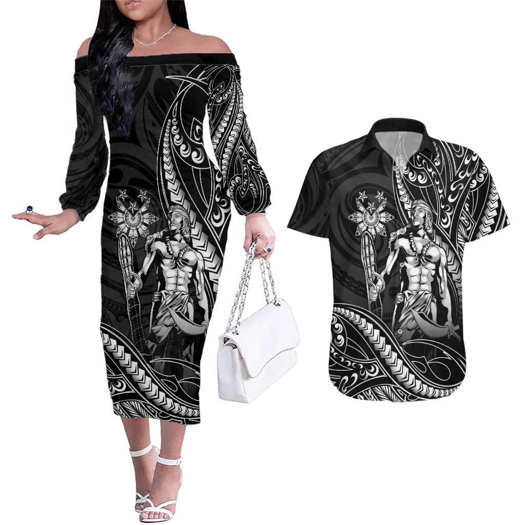 Filipinos Lapu Lapu Hero Couples Matching Off The Shoulder Long Sleeve Dress and Hawaiian Shirt Black Polynesian Tribal Tattoo