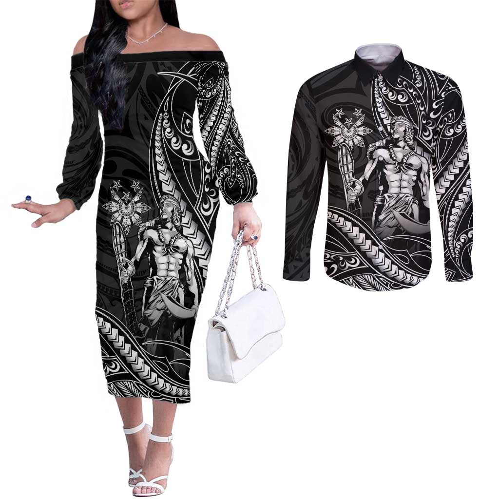 Filipinos Lapu Lapu Hero Couples Matching Off The Shoulder Long Sleeve Dress and Long Sleeve Button Shirt Black Polynesian Tribal Tattoo