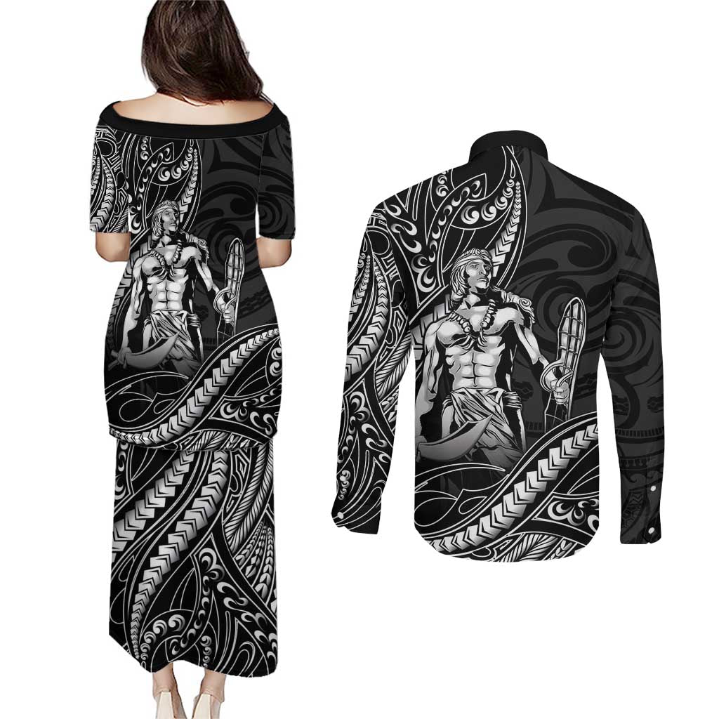 Filipinos Lapu Lapu Hero Couples Matching Puletasi and Long Sleeve Button Shirt Black Polynesian Tribal Tattoo LT05 - Polynesian Pride