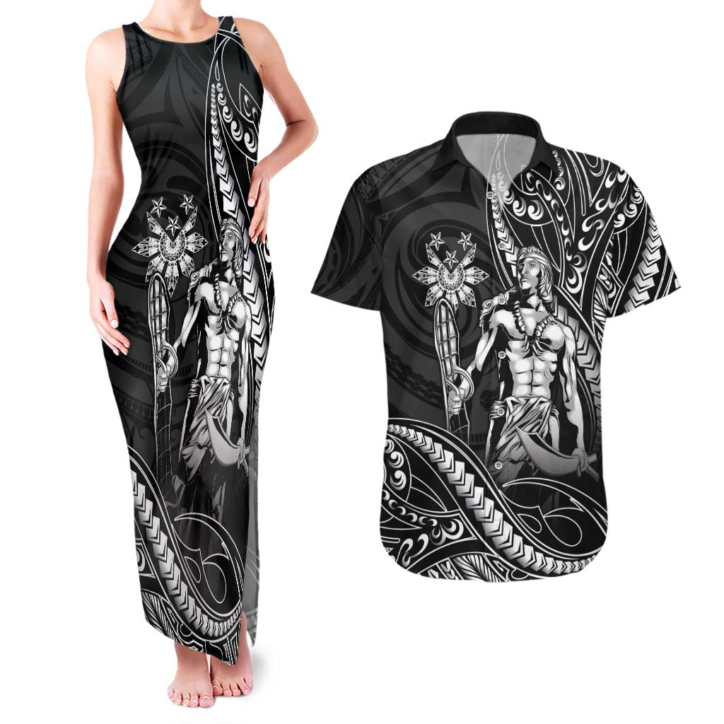 Filipinos Lapu Lapu Hero Couples Matching Tank Maxi Dress and Hawaiian Shirt Black Polynesian Tribal Tattoo