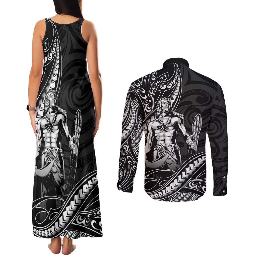 Filipinos Lapu Lapu Hero Couples Matching Tank Maxi Dress and Long Sleeve Button Shirt Black Polynesian Tribal Tattoo