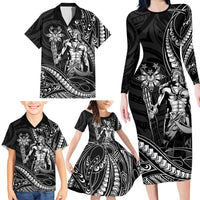 Filipinos Lapu Lapu Hero Family Matching Long Sleeve Bodycon Dress and Hawaiian Shirt Black Polynesian Tribal Tattoo