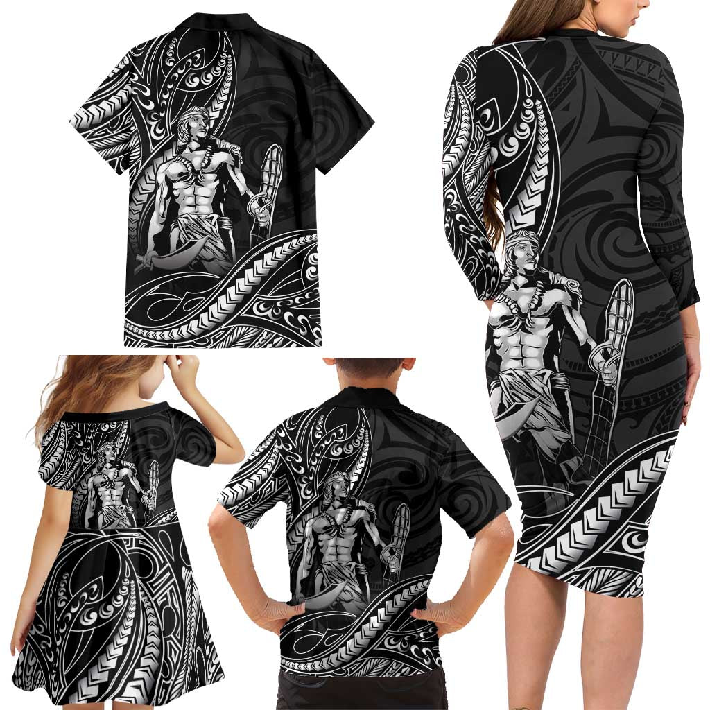 Filipinos Lapu Lapu Hero Family Matching Long Sleeve Bodycon Dress and Hawaiian Shirt Black Polynesian Tribal Tattoo