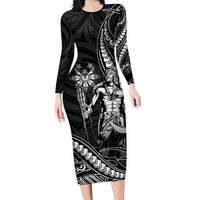 Filipinos Lapu Lapu Hero Family Matching Long Sleeve Bodycon Dress and Hawaiian Shirt Black Polynesian Tribal Tattoo
