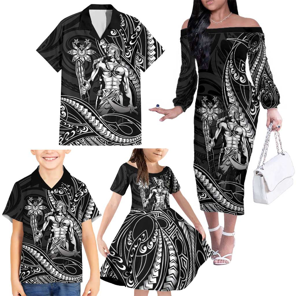 Filipinos Lapu Lapu Hero Family Matching Off The Shoulder Long Sleeve Dress and Hawaiian Shirt Black Polynesian Tribal Tattoo