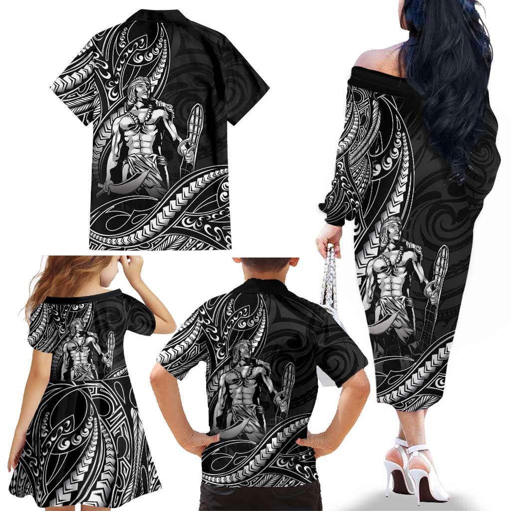 Filipinos Lapu Lapu Hero Family Matching Off The Shoulder Long Sleeve Dress and Hawaiian Shirt Black Polynesian Tribal Tattoo