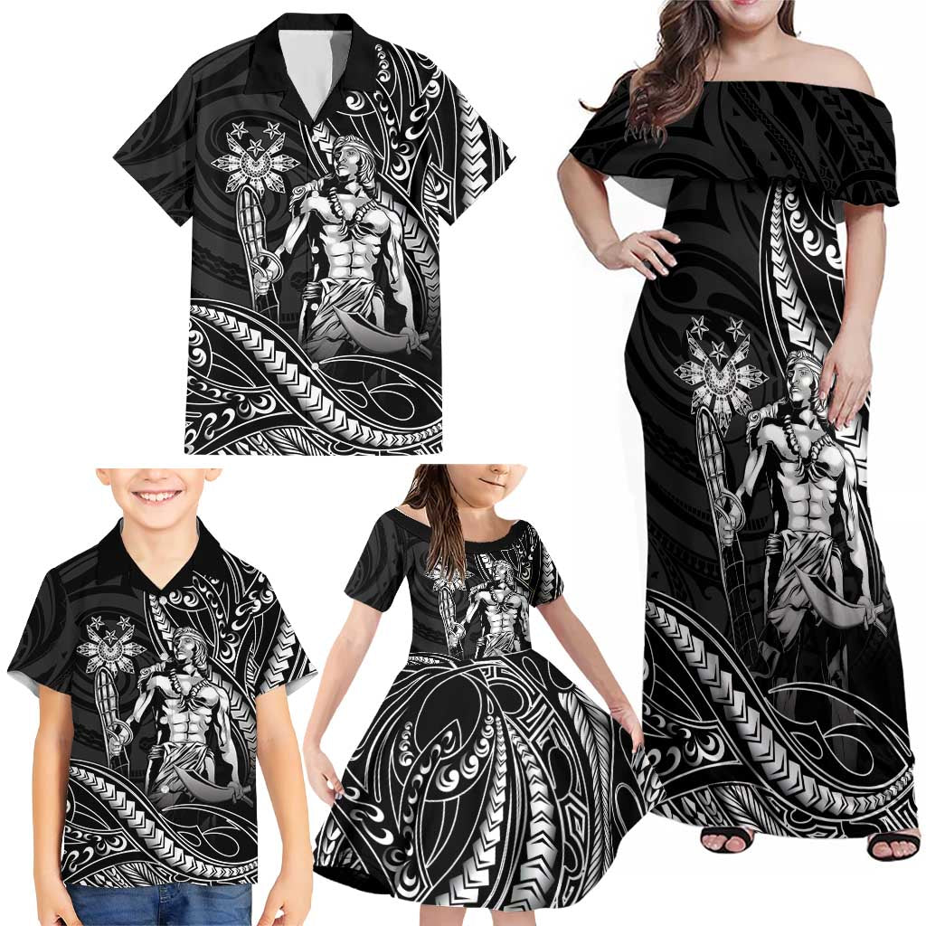 Filipinos Lapu Lapu Hero Family Matching Off Shoulder Maxi Dress and Hawaiian Shirt Black Polynesian Tribal Tattoo