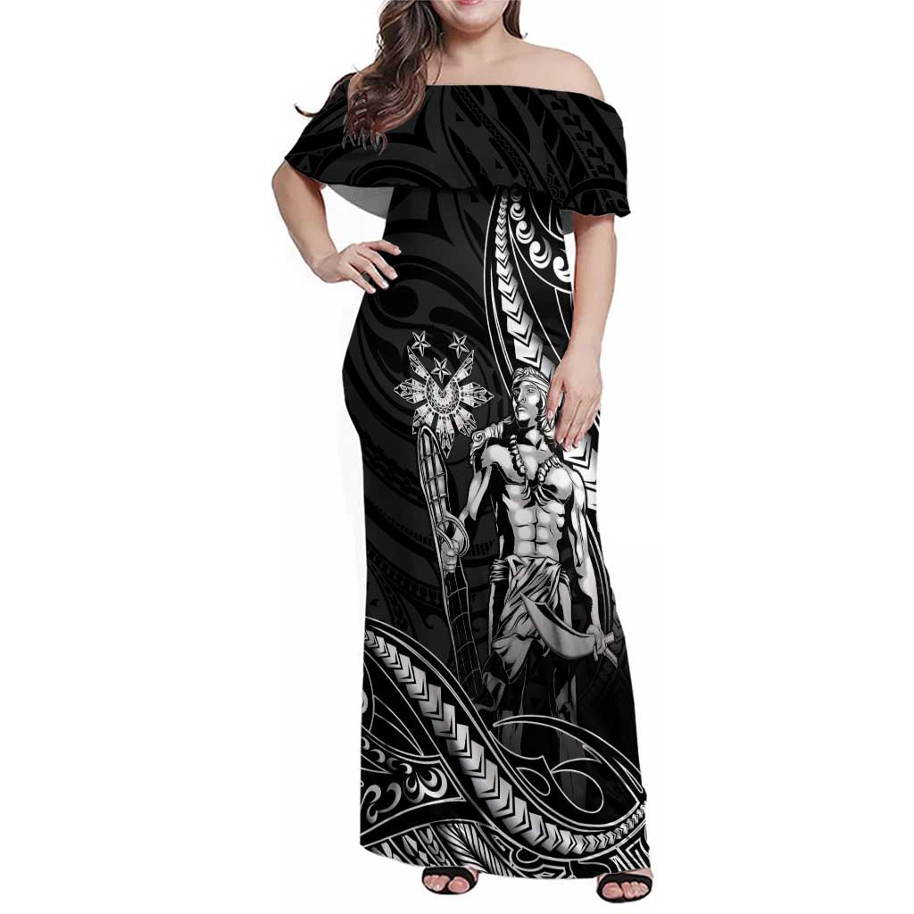 Filipinos Lapu Lapu Hero Family Matching Off Shoulder Maxi Dress and Hawaiian Shirt Black Polynesian Tribal Tattoo