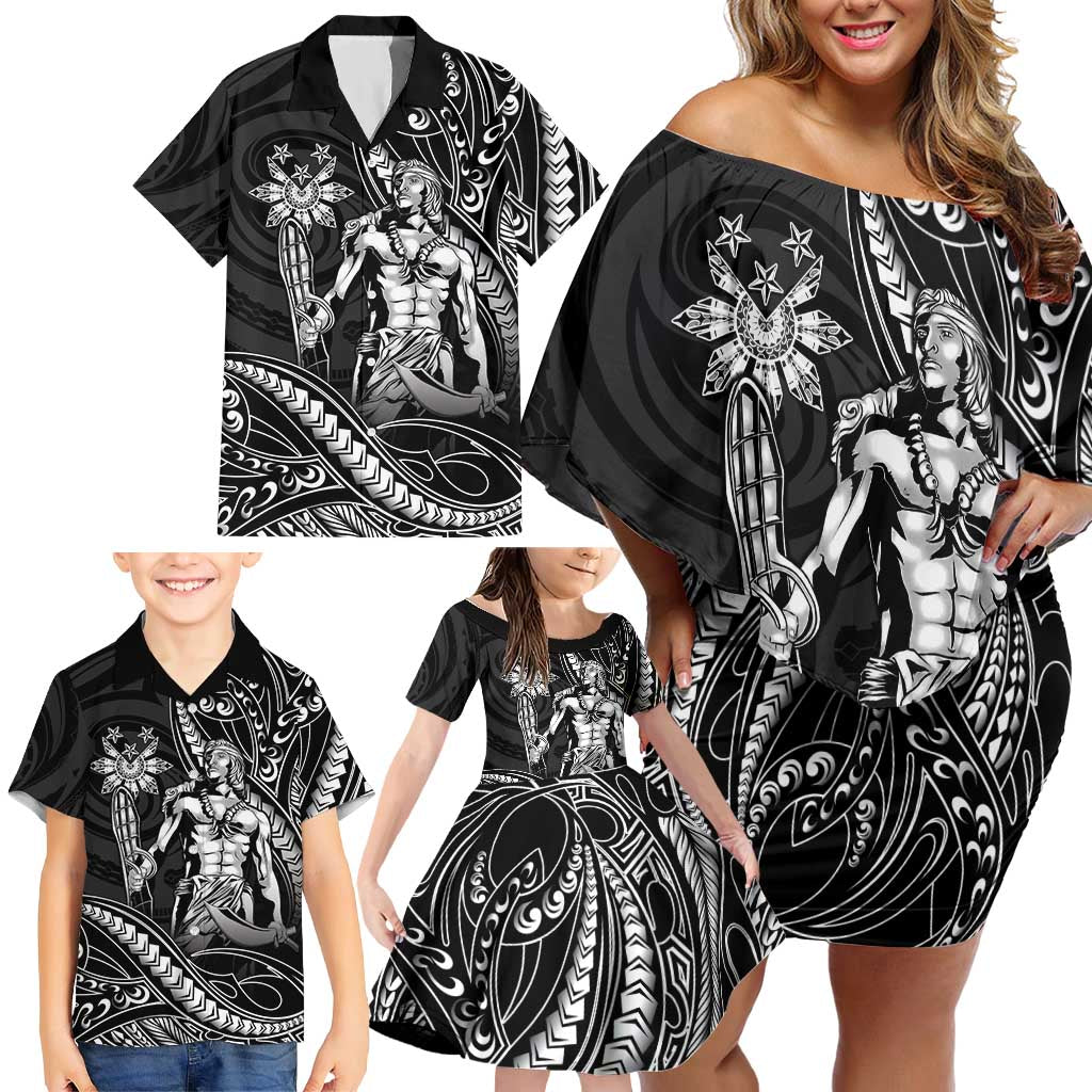 Filipinos Lapu Lapu Hero Family Matching Off Shoulder Short Dress and Hawaiian Shirt Black Polynesian Tribal Tattoo