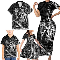 Filipinos Lapu Lapu Hero Family Matching Short Sleeve Bodycon Dress and Hawaiian Shirt Black Polynesian Tribal Tattoo