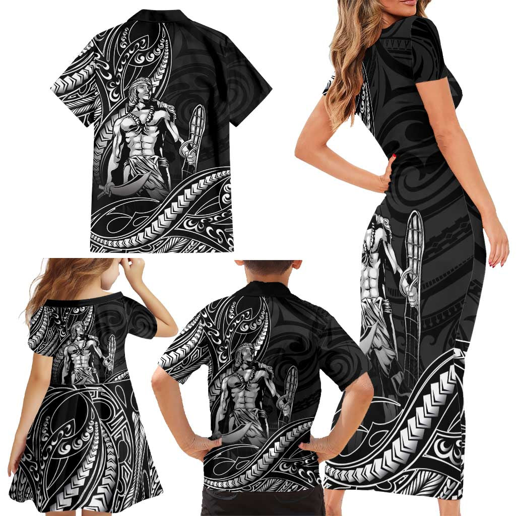 Filipinos Lapu Lapu Hero Family Matching Short Sleeve Bodycon Dress and Hawaiian Shirt Black Polynesian Tribal Tattoo