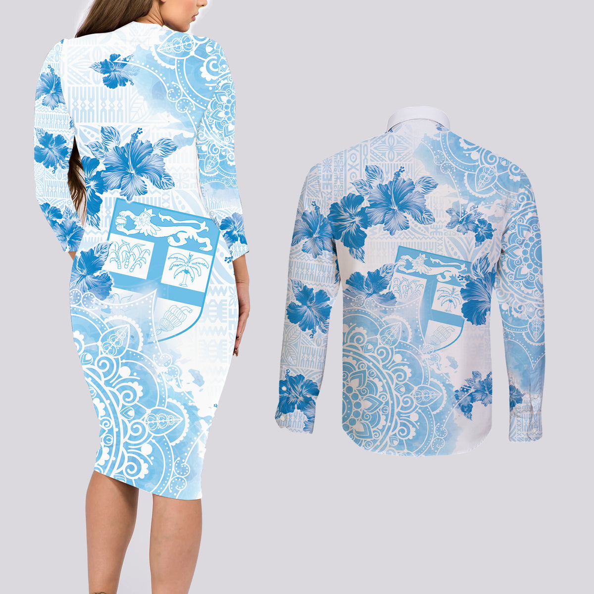 Happy Fiji Girmit Day Couples Matching Long Sleeve Bodycon Dress and Long Sleeve Button Shirt Fijian Tapa With Mandala Pattern