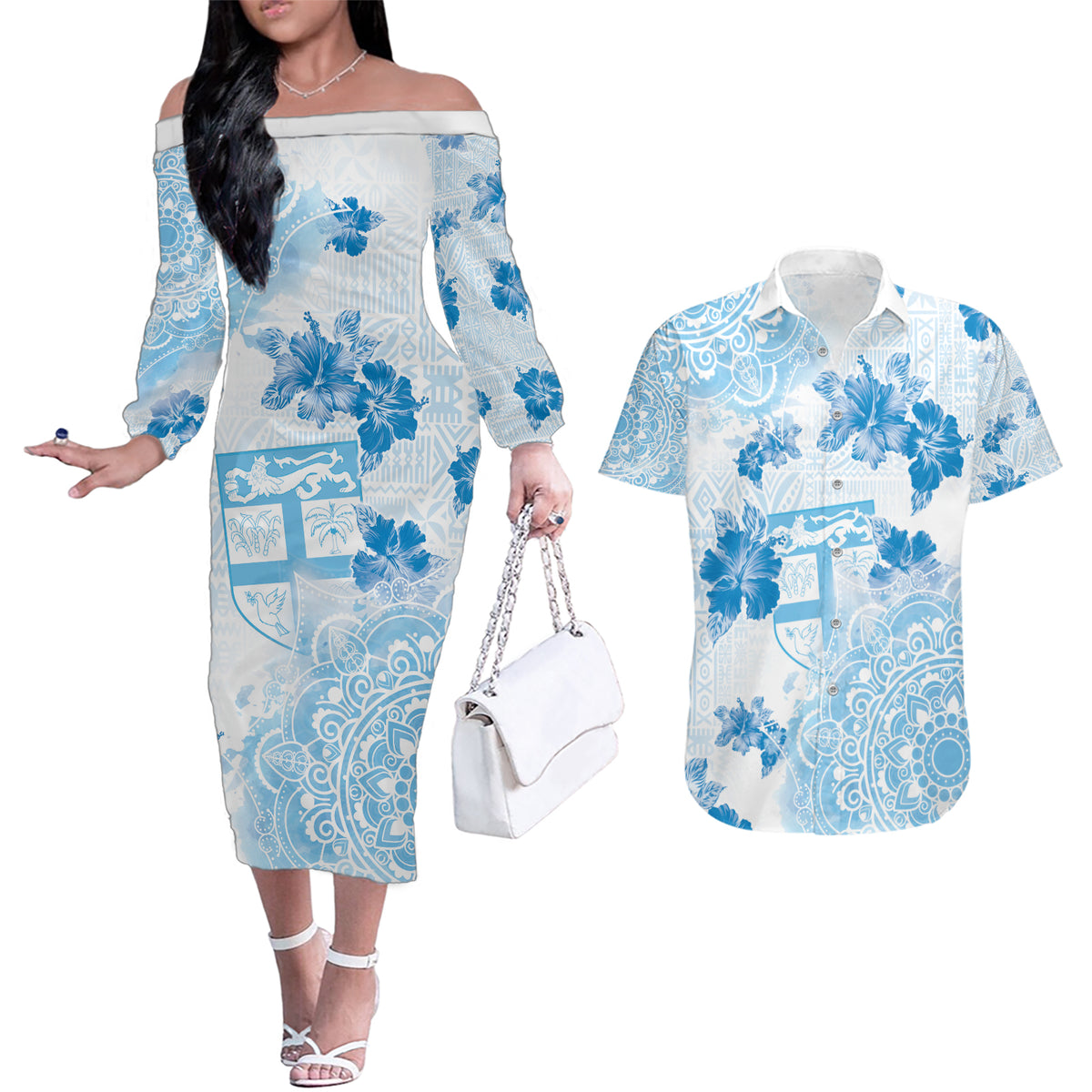 Happy Fiji Girmit Day Couples Matching Off The Shoulder Long Sleeve Dress and Hawaiian Shirt Fijian Tapa With Mandala Pattern