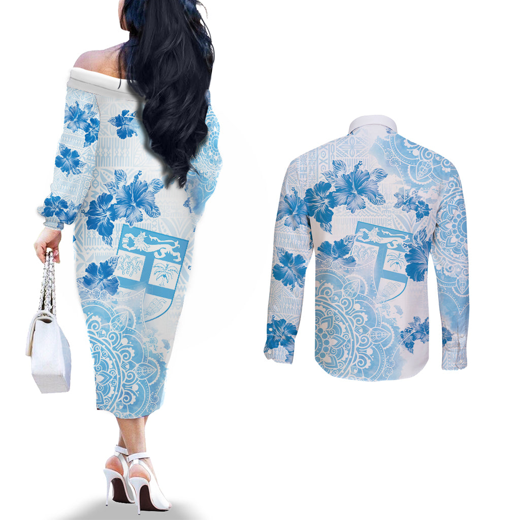 Happy Fiji Girmit Day Couples Matching Off The Shoulder Long Sleeve Dress and Long Sleeve Button Shirt Fijian Tapa With Mandala Pattern