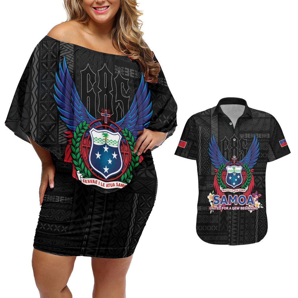 Samoa 64th Independence Anniversary Couples Matching Off Shoulder Short Dress and Hawaiian Shirt LT05 Black - Polynesian Pride