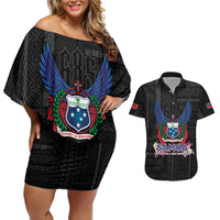 Samoa 64th Independence Anniversary Couples Matching Off Shoulder Short Dress and Hawaiian Shirt LT05 Black - Polynesian Pride