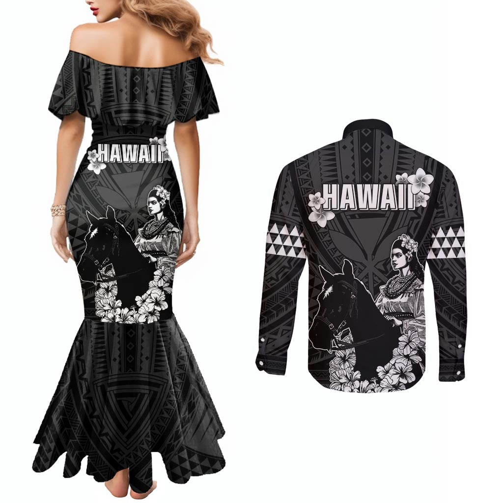 Hawaii King Kamehameha Day Parade Couples Matching Mermaid Dress and Long Sleeve Button Shirt With Pa'u Riders Plumeria Kakau Tribal Pattern