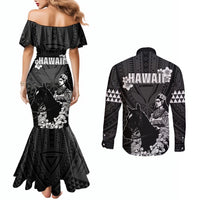 Hawaii King Kamehameha Day Parade Couples Matching Mermaid Dress and Long Sleeve Button Shirt With Pa'u Riders Plumeria Kakau Tribal Pattern