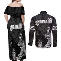 Hawaii King Kamehameha Day Parade Couples Matching Off Shoulder Maxi Dress and Long Sleeve Button Shirt With Pa'u Riders Plumeria Kakau Tribal Pattern