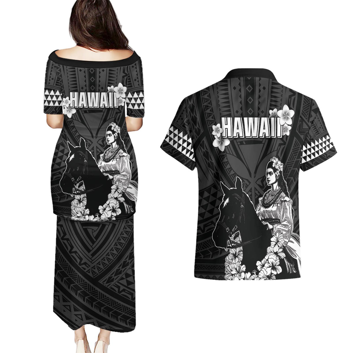 Hawaii King Kamehameha Day Parade Couples Matching Puletasi and Hawaiian Shirt With Pa'u Riders Plumeria Kakau Tribal Pattern