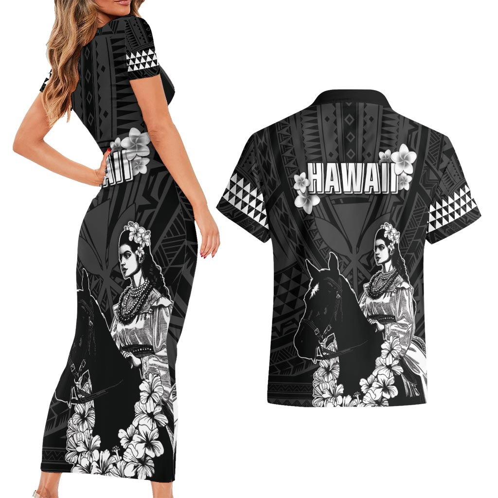 Hawaii King Kamehameha Day Parade Couples Matching Short Sleeve Bodycon Dress and Hawaiian Shirt With Pa'u Riders Plumeria Kakau Tribal Pattern