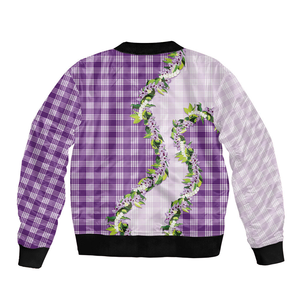 Violet Hawaii Palaka Bomber Jacket Maile Pikake Honohono Orchid Lei