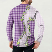 Violet Hawaii Palaka Button Sweatshirt Maile Pikake Honohono Orchid Lei