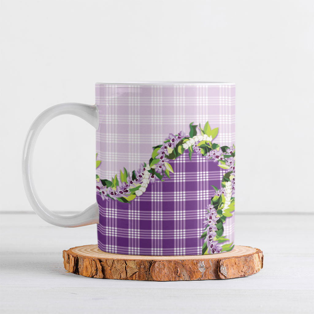 Violet Hawaii Palaka Ceramic Mug Maile Pikake Honohono Orchid Lei