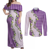 Violet Hawaii Palaka Couples Matching Off Shoulder Maxi Dress and Long Sleeve Button Shirt Maile Pikake Honohono Orchid Lei