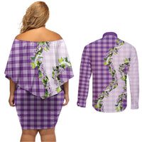 Violet Hawaii Palaka Couples Matching Off Shoulder Short Dress and Long Sleeve Button Shirt Maile Pikake Honohono Orchid Lei