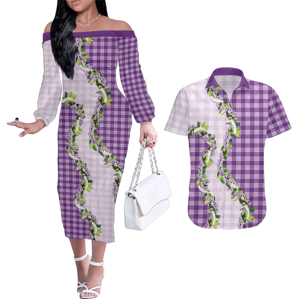 Violet Hawaii Palaka Couples Matching Off The Shoulder Long Sleeve Dress and Hawaiian Shirt Maile Pikake Honohono Orchid Lei