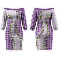 Violet Hawaii Palaka Couples Matching Off The Shoulder Long Sleeve Dress and Long Sleeve Button Shirt Maile Pikake Honohono Orchid Lei LT05 - Polynesian Pride