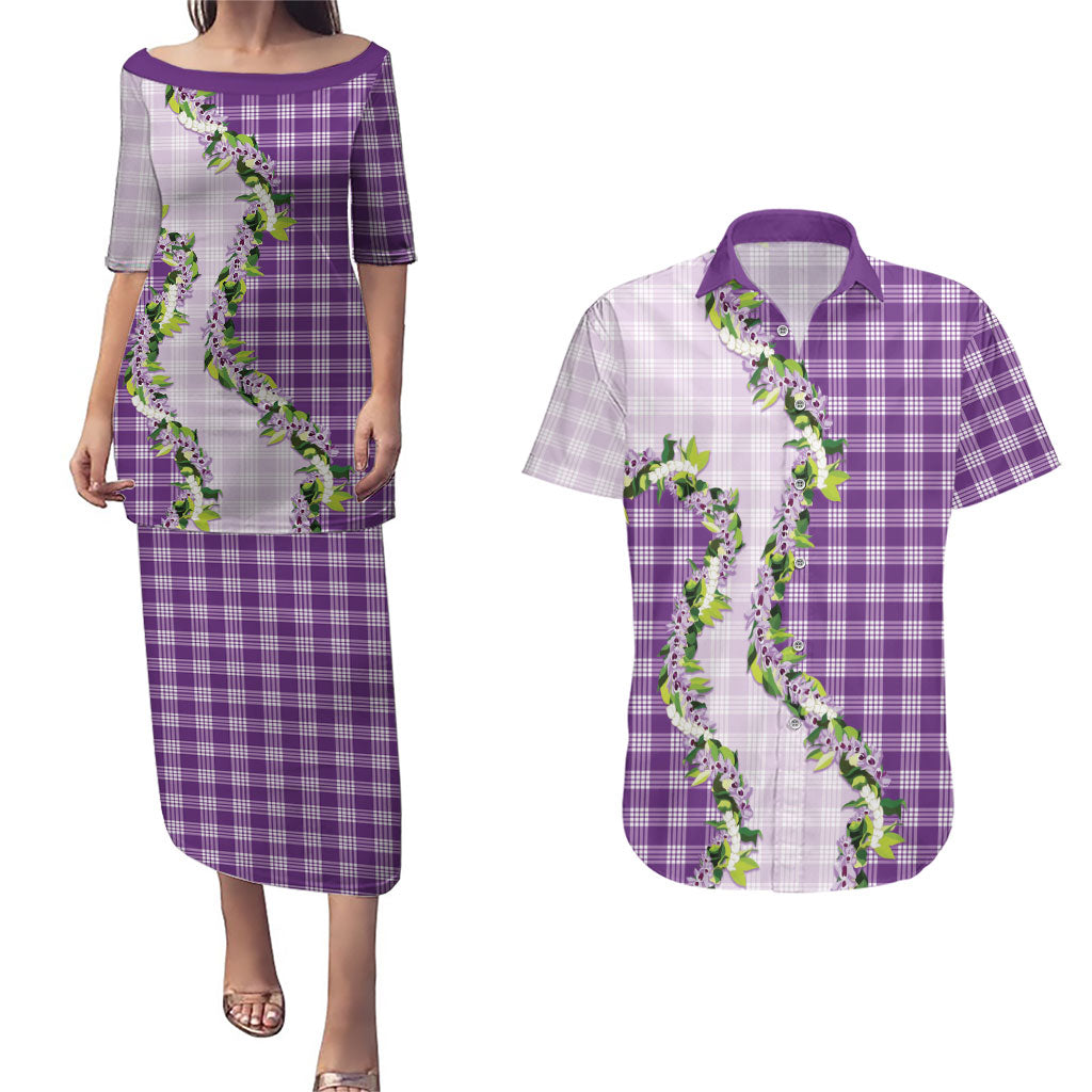 Violet Hawaii Palaka Couples Matching Puletasi and Hawaiian Shirt Maile Pikake Honohono Orchid Lei