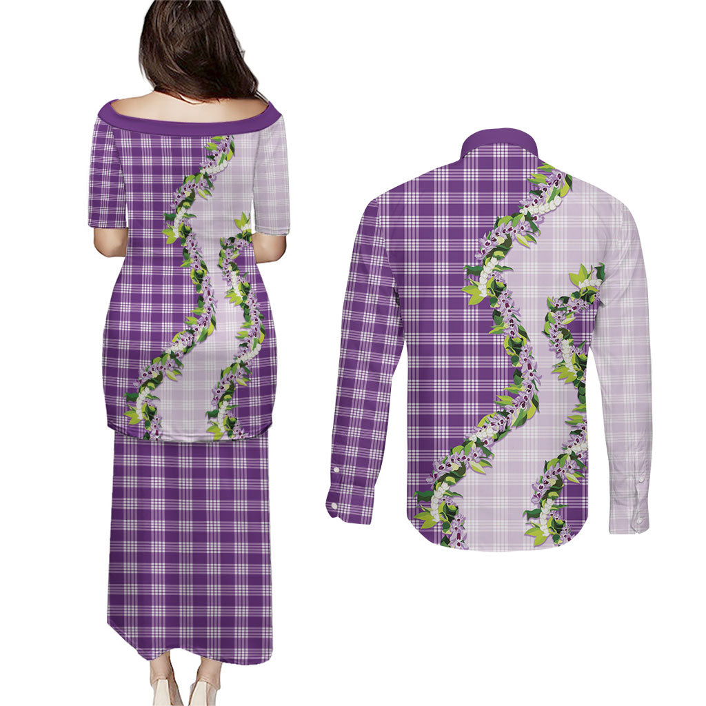 Violet Hawaii Palaka Couples Matching Puletasi and Long Sleeve Button Shirt Maile Pikake Honohono Orchid Lei