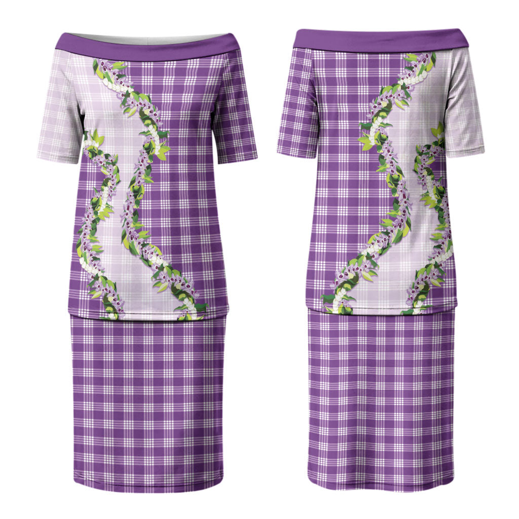 Violet Hawaii Palaka Couples Matching Puletasi and Long Sleeve Button Shirt Maile Pikake Honohono Orchid Lei LT05 - Polynesian Pride