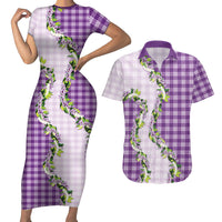 Violet Hawaii Palaka Couples Matching Short Sleeve Bodycon Dress and Hawaiian Shirt Maile Pikake Honohono Orchid Lei