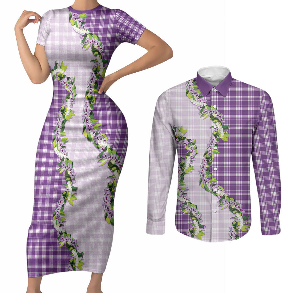 Violet Hawaii Palaka Couples Matching Short Sleeve Bodycon Dress and Long Sleeve Button Shirt Maile Pikake Honohono Orchid Lei LT05 Violet - Polynesian Pride