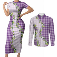 Violet Hawaii Palaka Couples Matching Short Sleeve Bodycon Dress and Long Sleeve Button Shirt Maile Pikake Honohono Orchid Lei LT05 Violet - Polynesian Pride