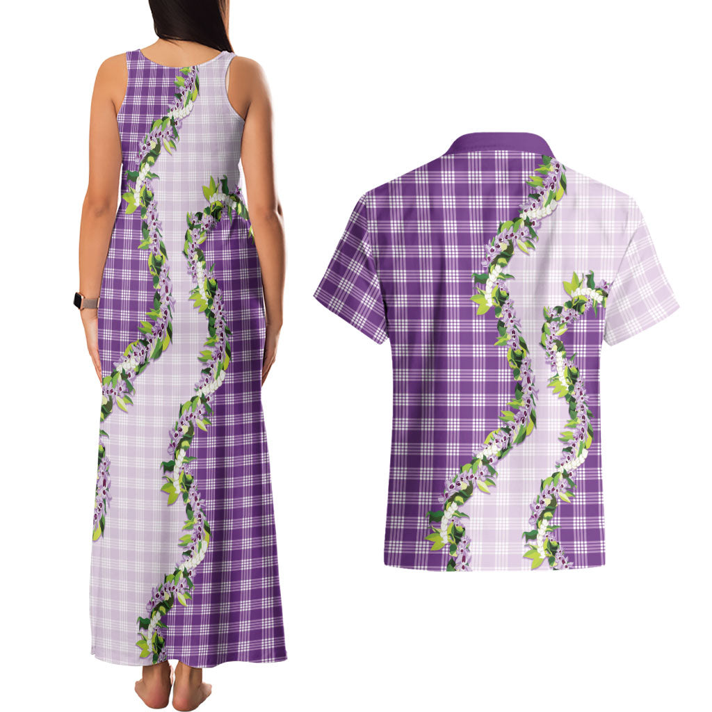 Violet Hawaii Palaka Couples Matching Tank Maxi Dress and Hawaiian Shirt Maile Pikake Honohono Orchid Lei