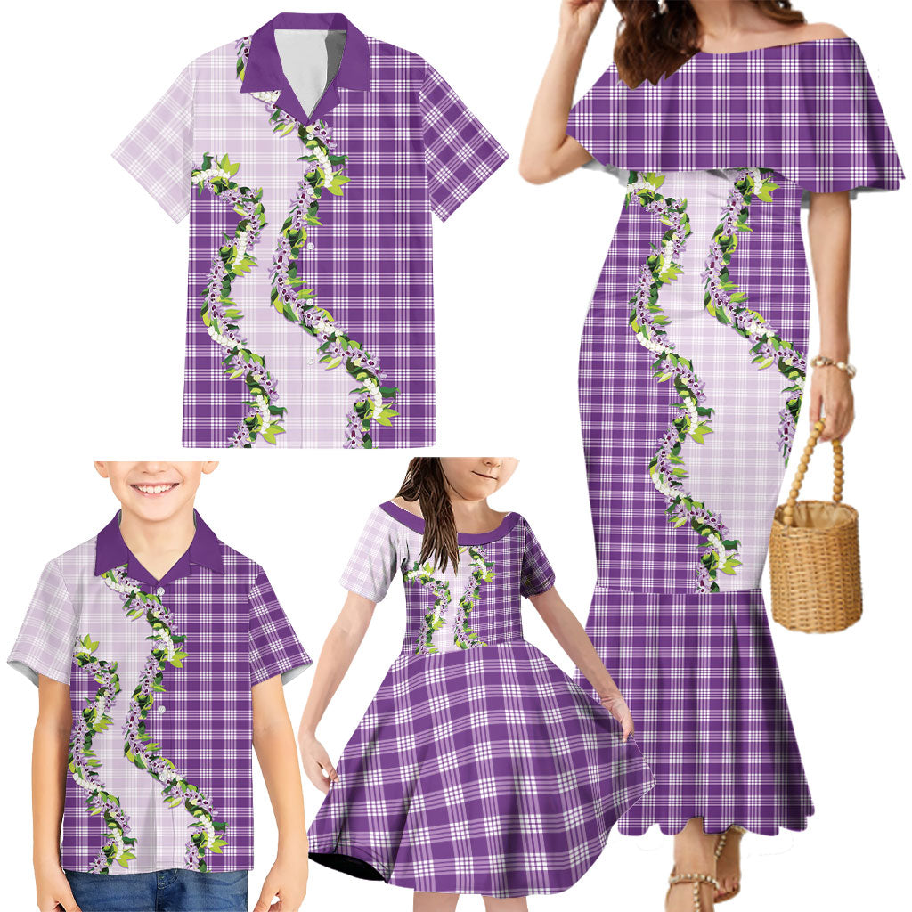 Violet Hawaii Palaka Family Matching Mermaid Dress and Hawaiian Shirt Maile Pikake Honohono Orchid Lei