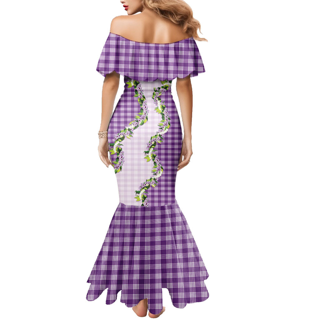 Violet Hawaii Palaka Family Matching Mermaid Dress and Hawaiian Shirt Maile Pikake Honohono Orchid Lei
