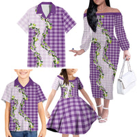 Violet Hawaii Palaka Family Matching Off The Shoulder Long Sleeve Dress and Hawaiian Shirt Maile Pikake Honohono Orchid Lei