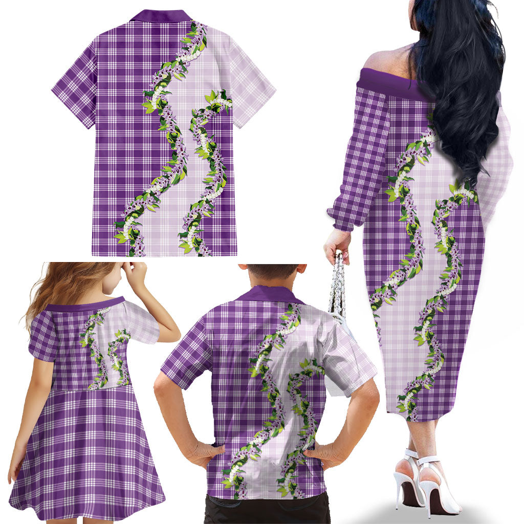 Violet Hawaii Palaka Family Matching Off The Shoulder Long Sleeve Dress and Hawaiian Shirt Maile Pikake Honohono Orchid Lei