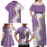 Violet Hawaii Palaka Family Matching Off Shoulder Maxi Dress and Hawaiian Shirt Maile Pikake Honohono Orchid Lei