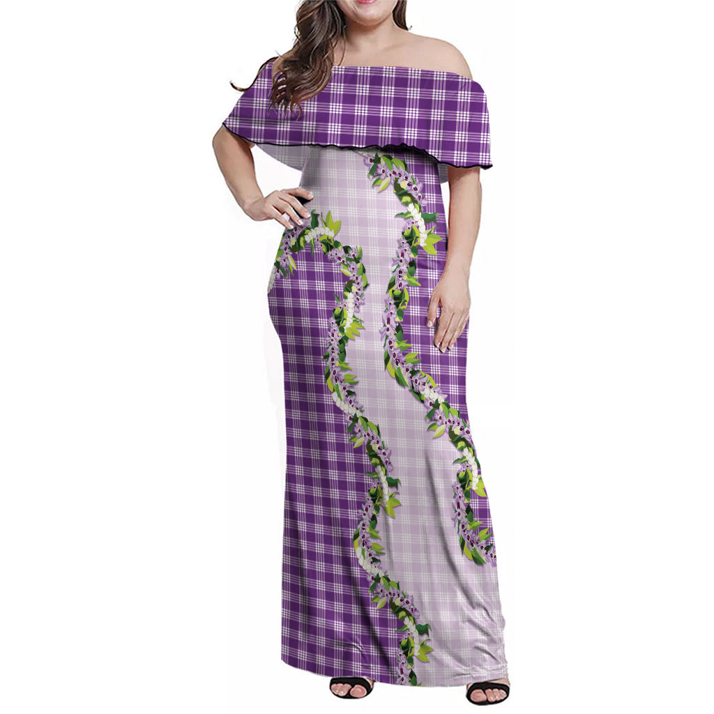 Violet Hawaii Palaka Family Matching Off Shoulder Maxi Dress and Hawaiian Shirt Maile Pikake Honohono Orchid Lei