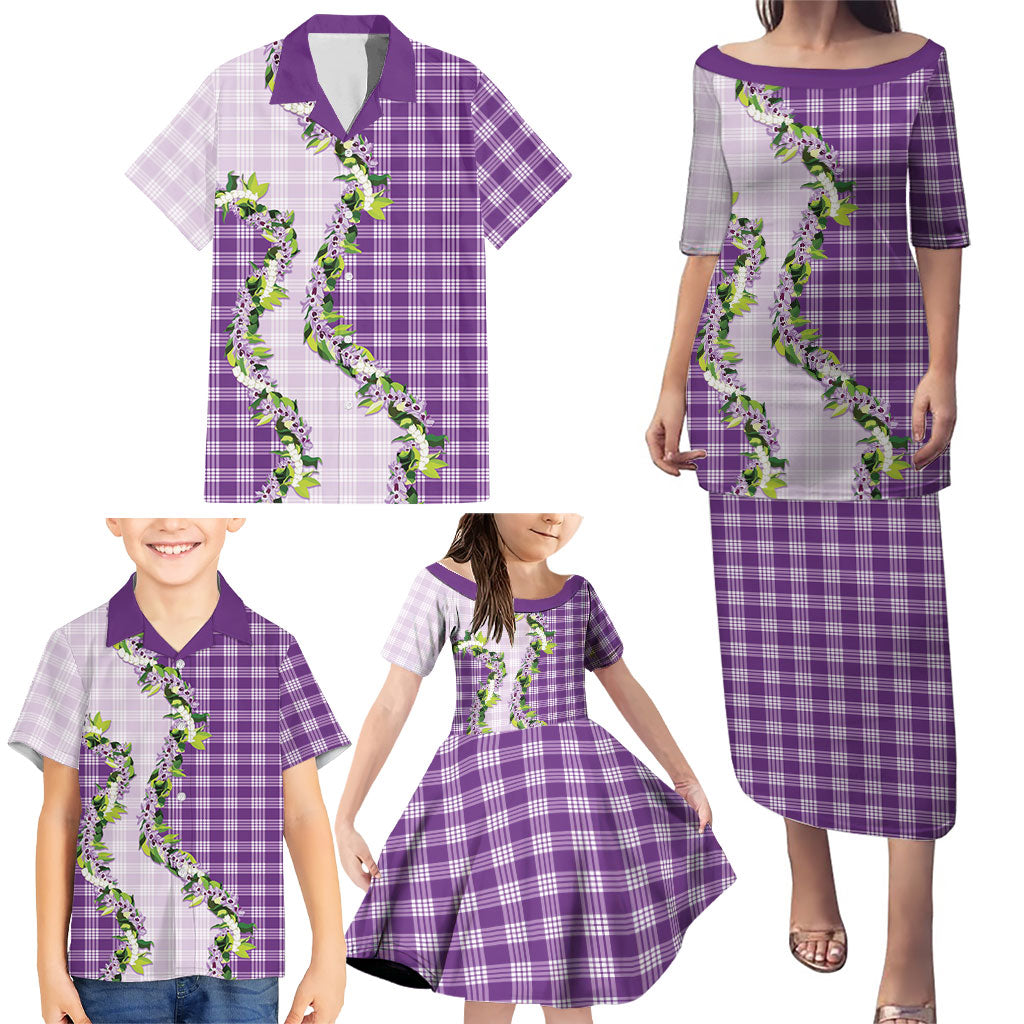 Violet Hawaii Palaka Family Matching Puletasi and Hawaiian Shirt Maile Pikake Honohono Orchid Lei