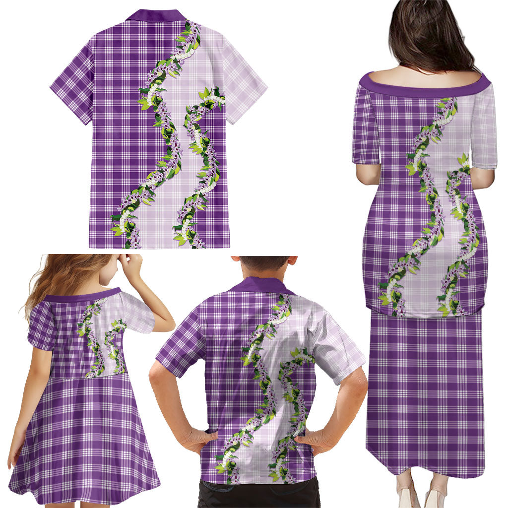 Violet Hawaii Palaka Family Matching Puletasi and Hawaiian Shirt Maile Pikake Honohono Orchid Lei
