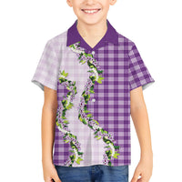 Violet Hawaii Palaka Family Matching Puletasi and Hawaiian Shirt Maile Pikake Honohono Orchid Lei