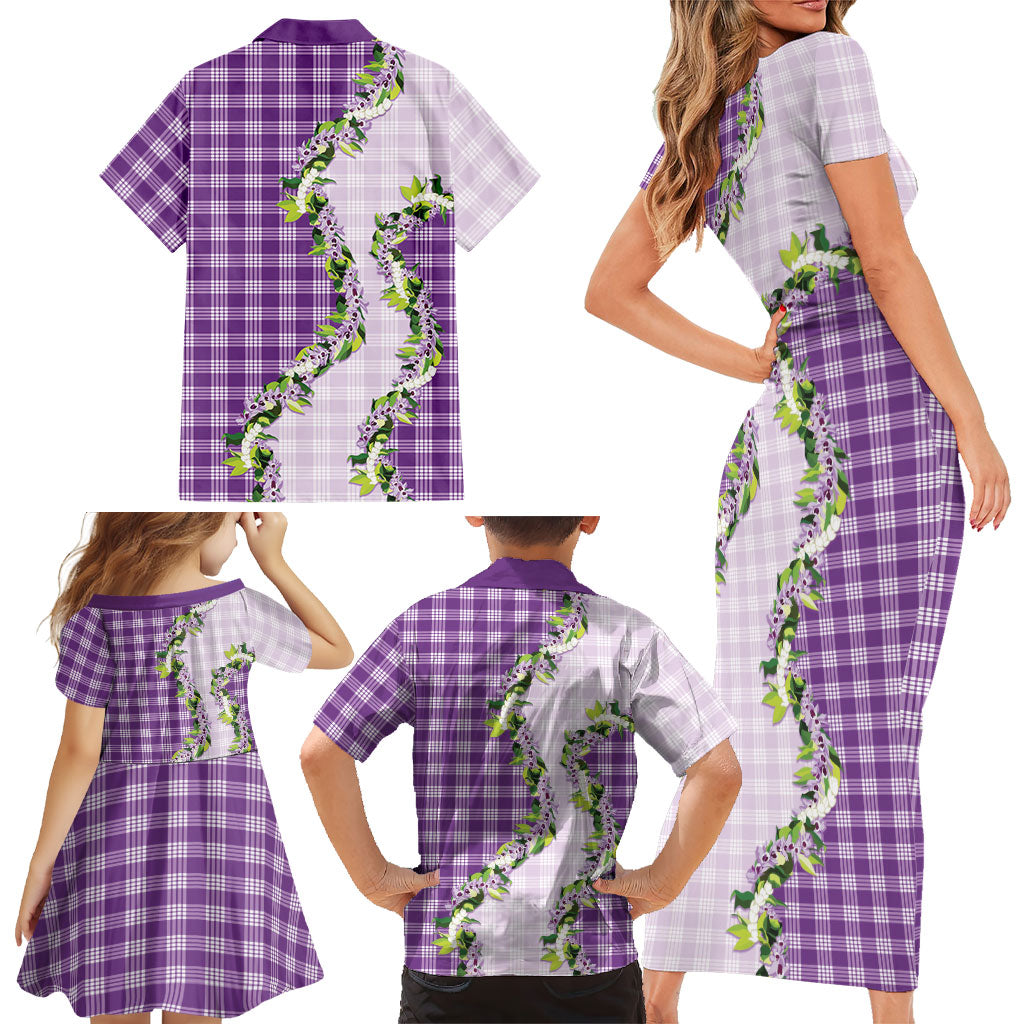 Violet Hawaii Palaka Family Matching Short Sleeve Bodycon Dress and Hawaiian Shirt Maile Pikake Honohono Orchid Lei